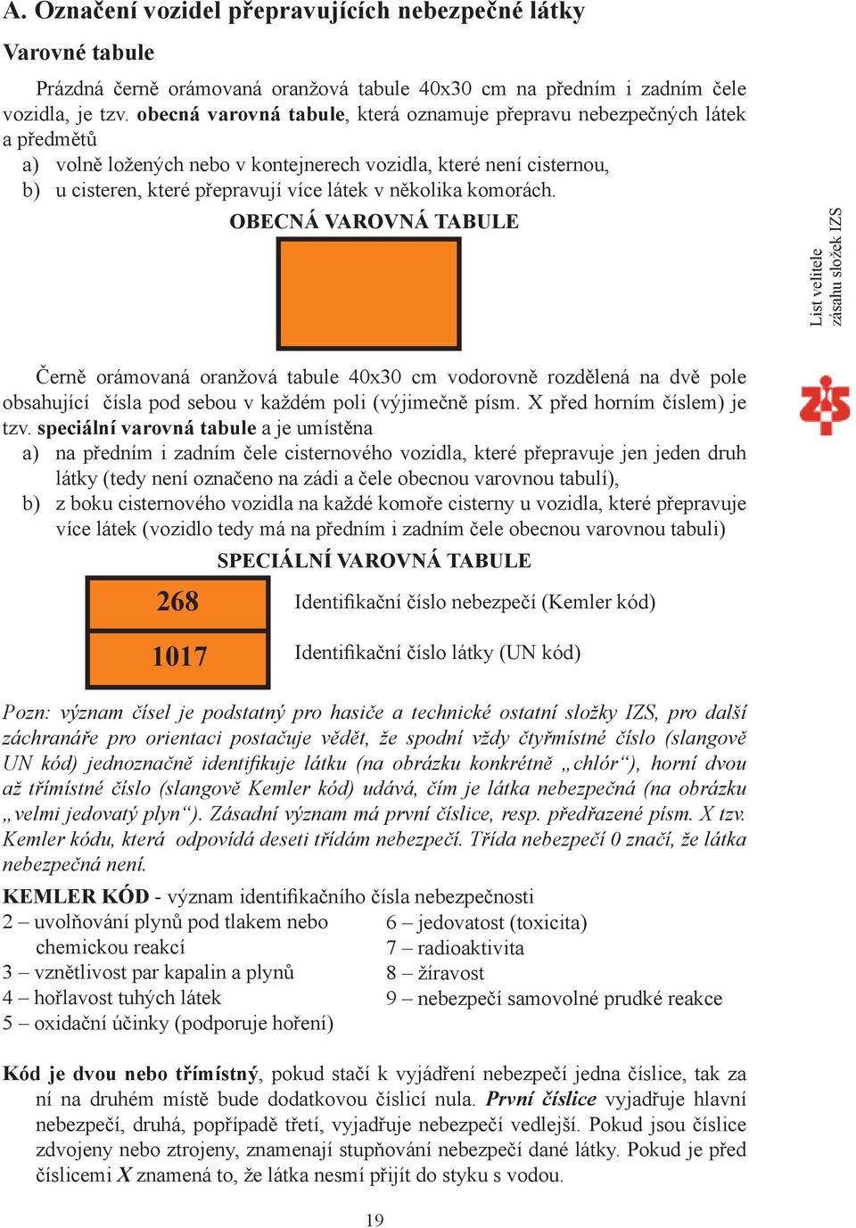 komorách. OBECNÁ VAROVNÁ TABULE List velitele zásahu složek IZS Černě orámovaná oranžová tabule 40x30 cm vodorovně rozdělená na dvě pole obsahující čísla pod sebou v každém poli (výjimečně písm.