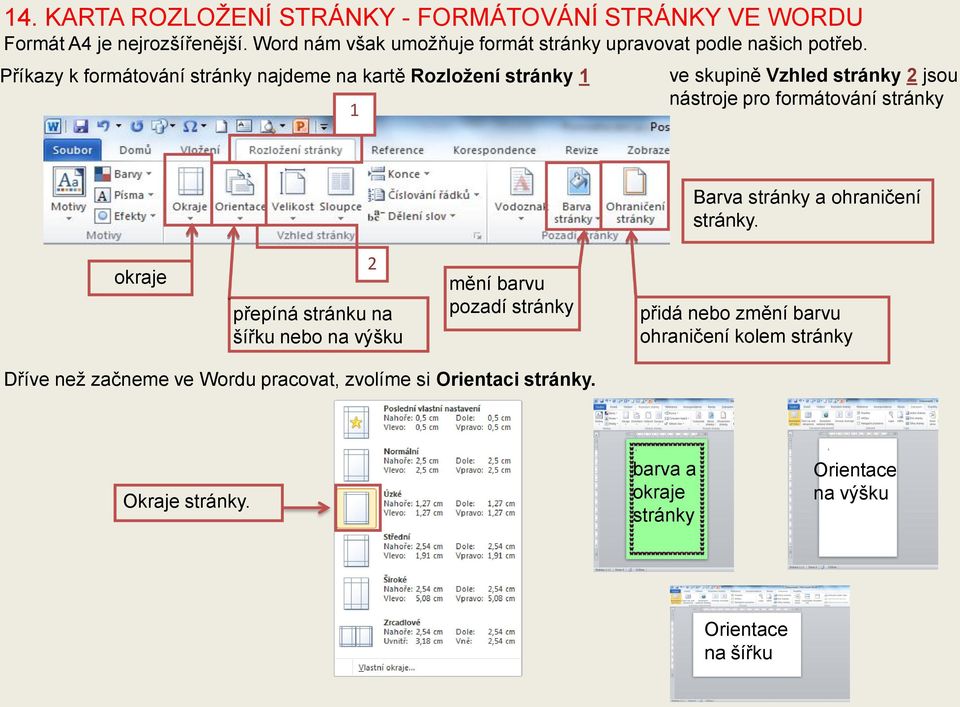 Příkazy k formátování stránky najdeme na kartě Rozložení stránky 1 1 ve skupině Vzhled stránky 2 jsou nástroje pro formátování stránky Barva stránky