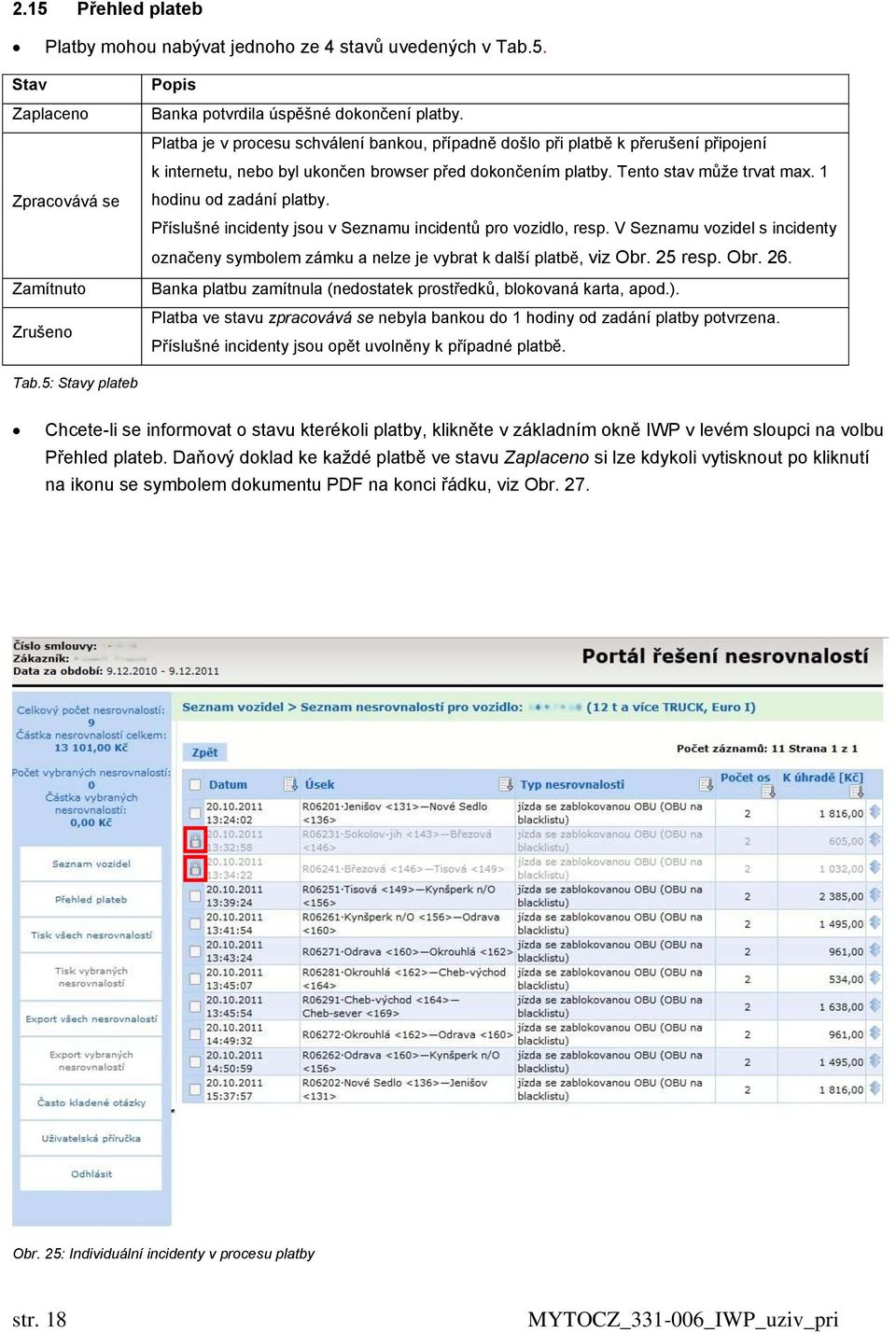 1 hodinu od zadání platby. Příslušné incidenty jsou v Seznamu incidentů pro vozidlo, resp. V Seznamu vozidel s incidenty označeny symbolem zámku a nelze je vybrat k další platbě, viz Obr. 25 resp.