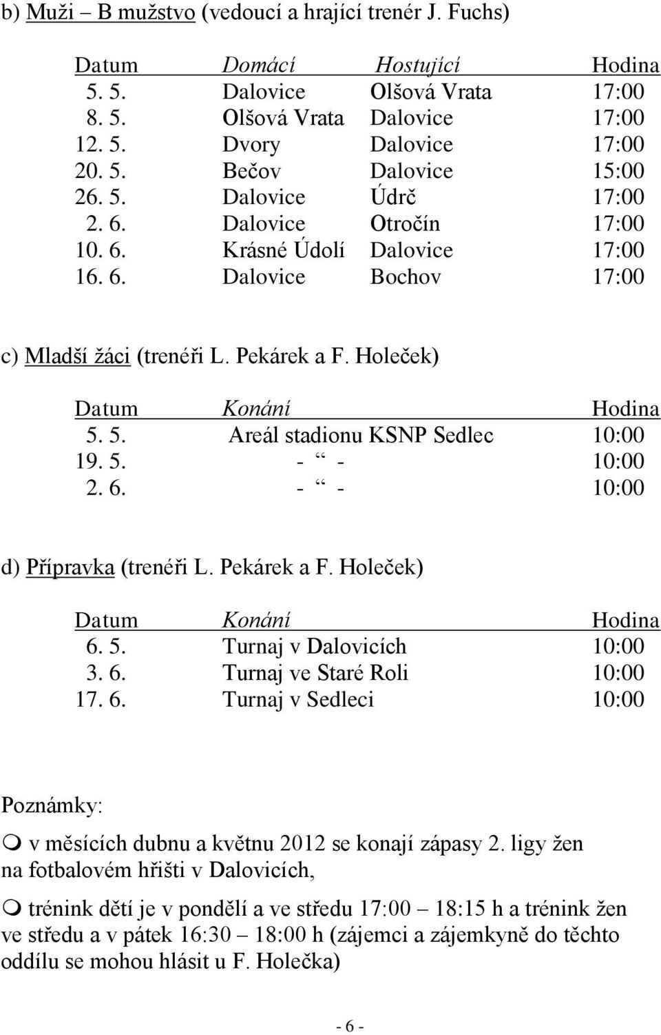 5. Areál stadionu KSNP Sedlec 10:00 19. 5. - - 10:00 2. 6. - - 10:00 d) Přípravka (trenéři L. Pekárek a F. Holeček) Datum Konání Hodina 6. 5. Turnaj v Dalovicích 10:00 3. 6. Turnaj ve Staré Roli 10:00 17.