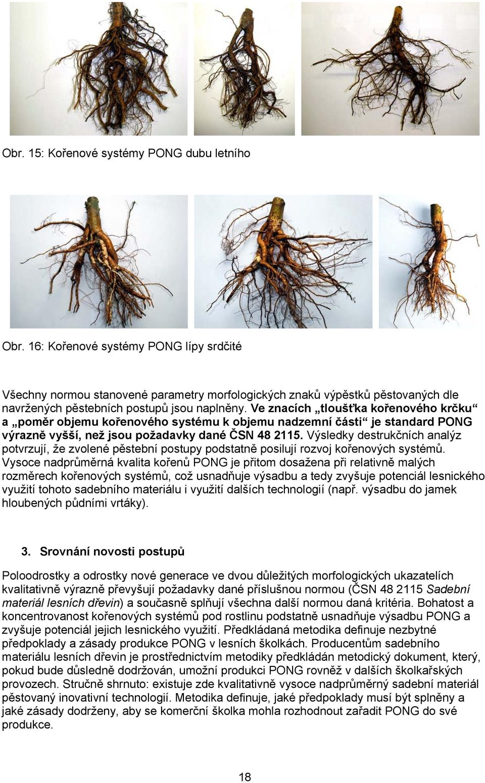 Ve znacích tloušťka kořenového krčku a poměr objemu kořenového systému k objemu nadzemní části je standard PONG výrazně vyšší, než jsou požadavky dané ČSN 48 2115.