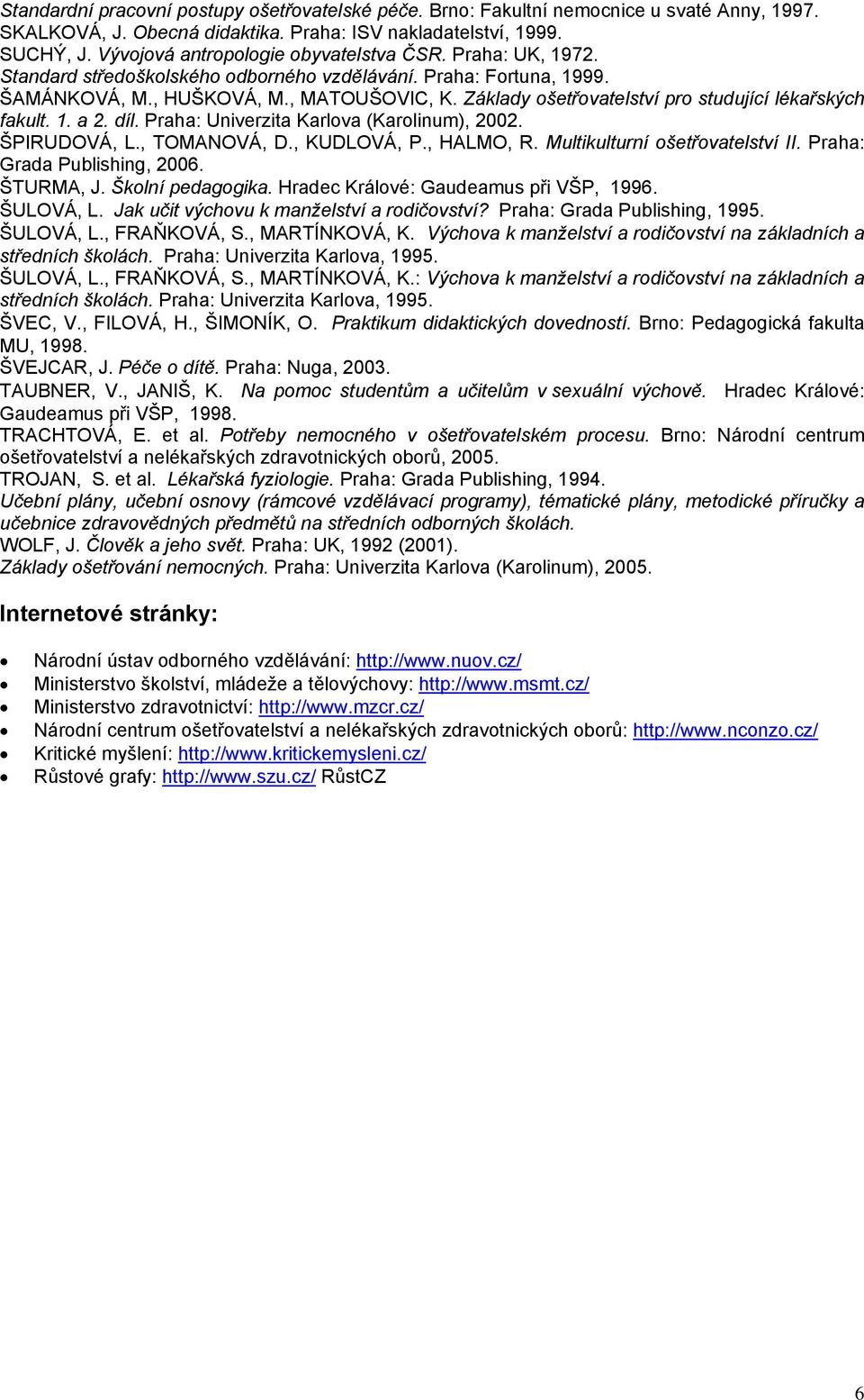 Základy ošetřovatelství pro studující lékařských fakult. 1. a 2. díl. Praha: Univerzita Karlova (Karolinum), 2002. ŠPIRUDOVÁ, L., TOMANOVÁ, D., KUDLOVÁ, P., HALMO, R. Multikulturní ošetřovatelství II.