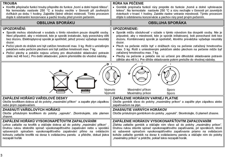 OBSLUHA SPORÁKU UPOZORNĚNÍ: Sporák mohou obsluhovat v souladu s tímto návodem pouze dospělé osoby. Není přípustné, aby v místnosti, kde je sporák instalován, byly ponechány děti bez dozoru.