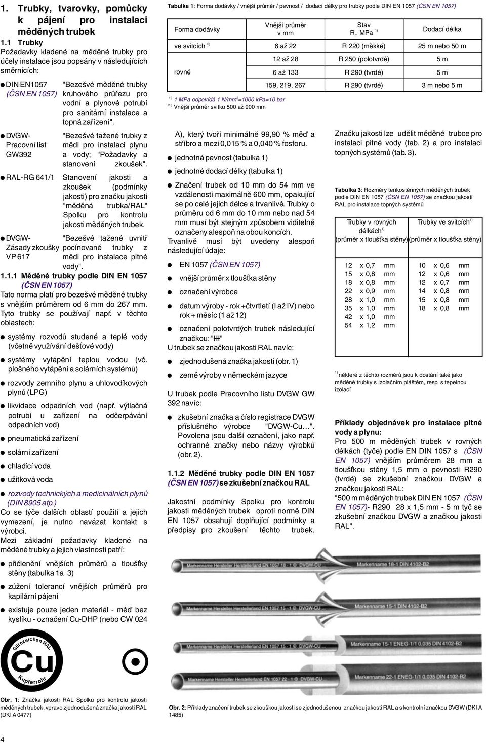 pro sanitární instalace a topná zařízení". DVGW- "Bezešvé tažené trubky z Pracovní list mědi pro instalaci plynu GW392 a vody; " Požadavky a stanovení zkoušek".