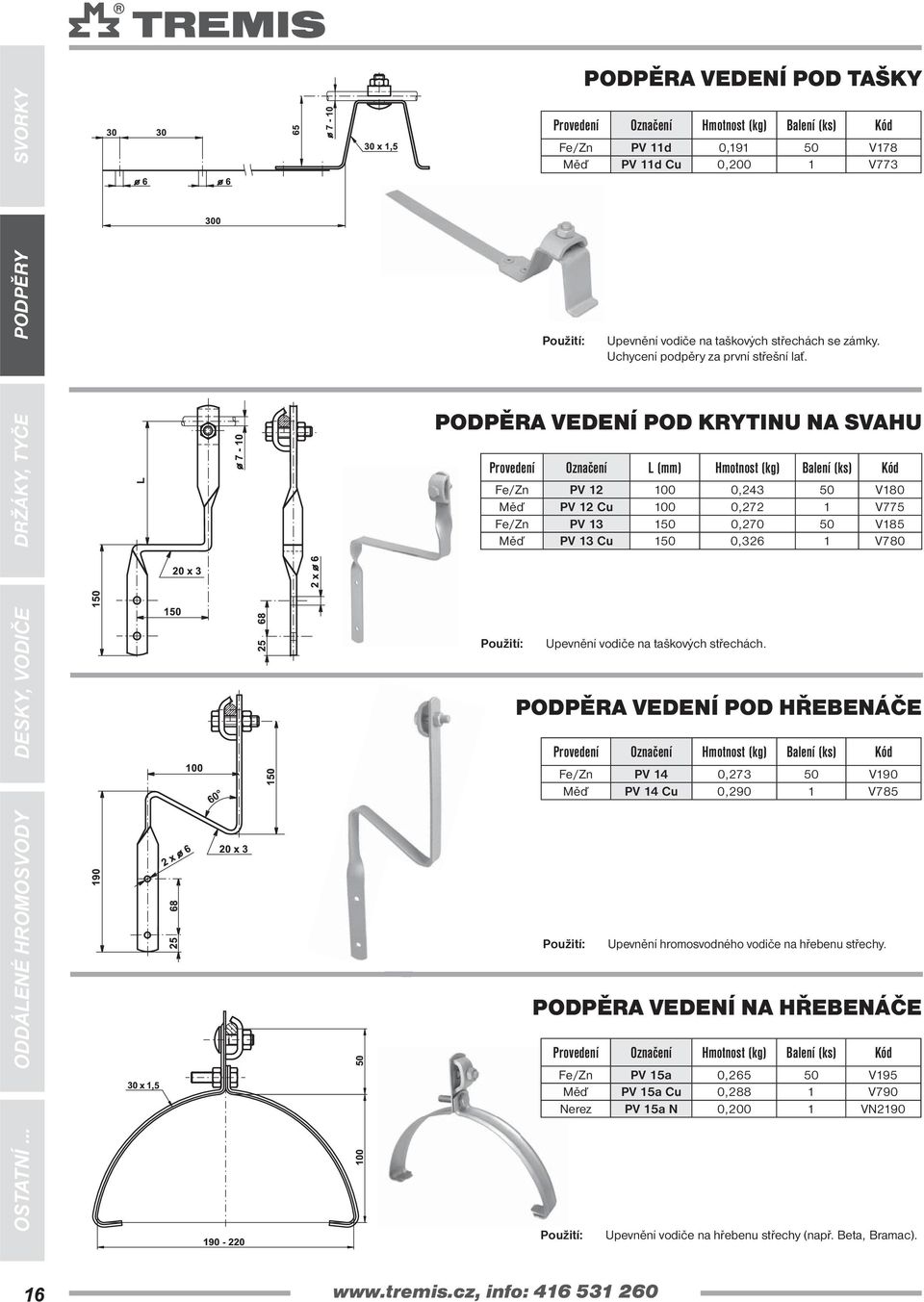 PODPĚRA VEDENÍ POD KRYTINU NA SVAHU PV 12 100 0,243 50 V180 Měď PV 12 Cu 100 0,272 1 V775 PV 13 150 0,270 50 V185 Měď PV 13 Cu 150 0,326 1 V780 Upevnění vodiče