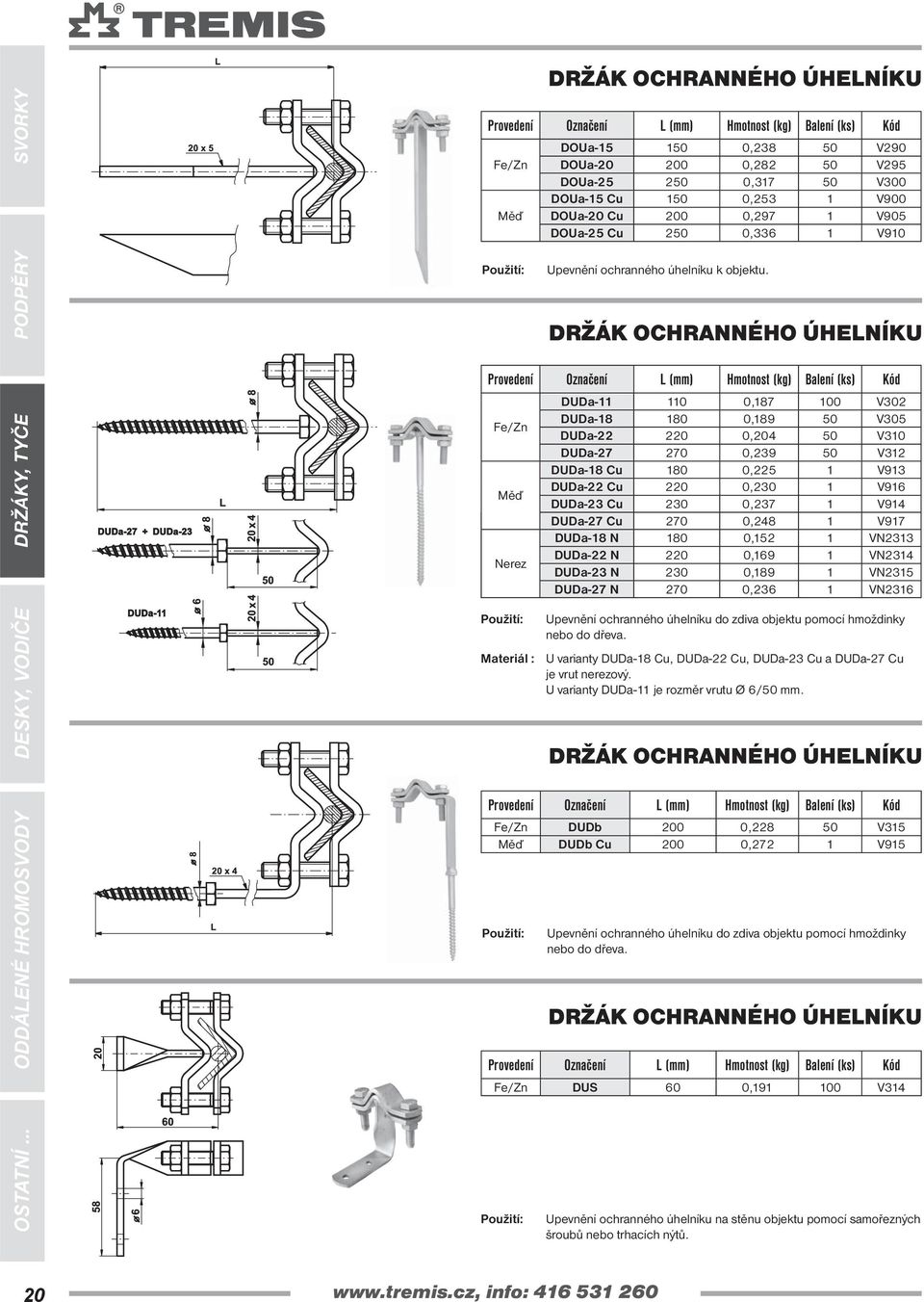Materiál : U varianty DUDa-18 Cu, DUDa-22 Cu, DUDa-23 Cu a DUDa-27 Cu je vrut nerezový. U varianty DUDa-11 je rozměr vrutu Ø 6/50 mm.