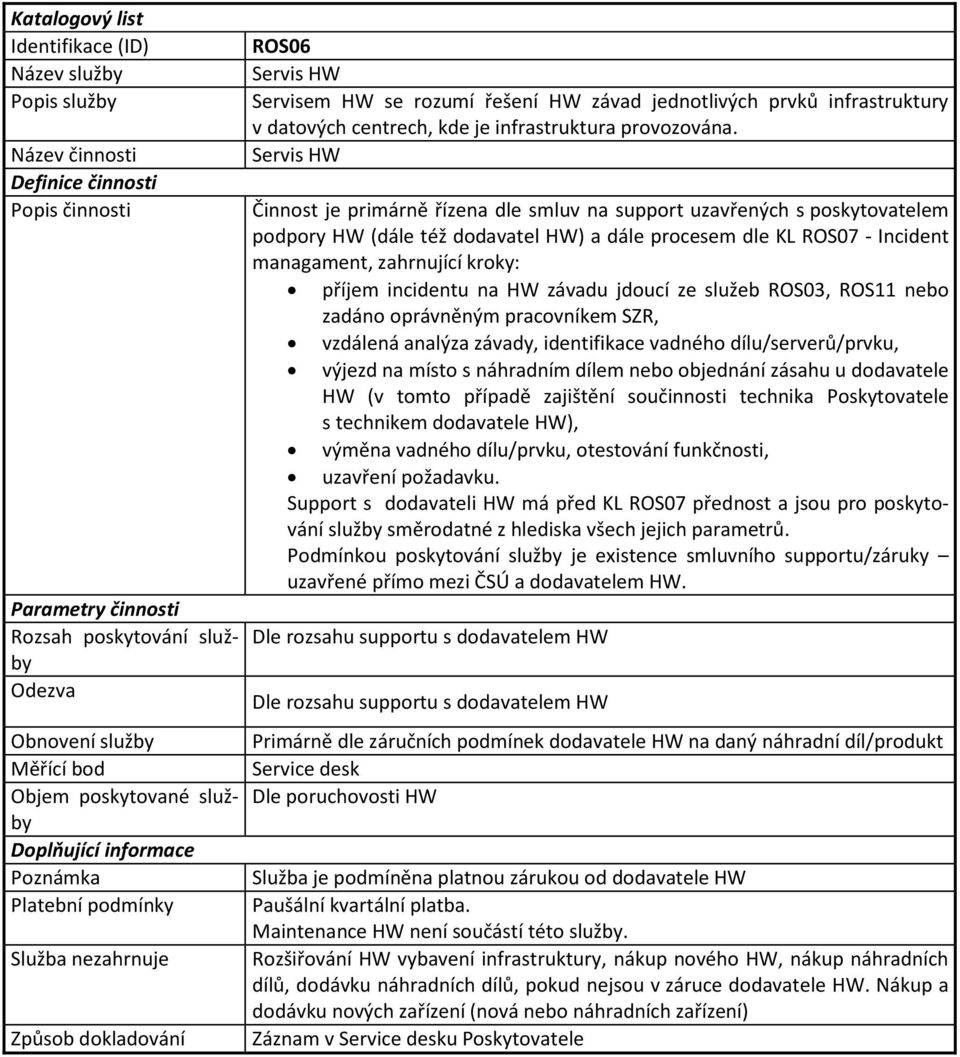 incidentu na HW závadu jdoucí ze služeb ROS03, ROS11 nebo zadáno oprávněným pracovníkem SZR, vzdálená analýza závady, identifikace vadného dílu/serverů/prvku, výjezd na místo s náhradním dílem nebo