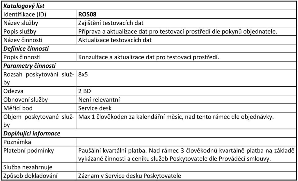 8x5 2 BD Max 1 člověkoden za kalendářní měsíc, nad tento rámec dle objednávky. Paušální kvartální platba.