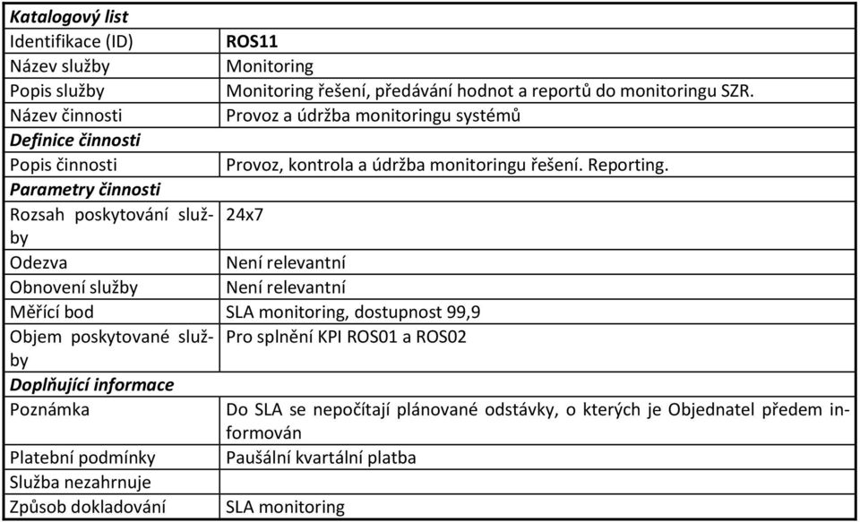 24x7 SLA monitoring, dostupnost 99,9 Pro splnění KPI ROS01 a ROS02 Do SLA se nepočítají