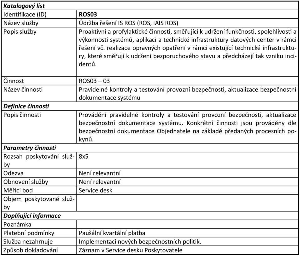 Činnost ROS03 03 Pravidelné kontroly a testování provozní bezpečnosti, aktualizace bezpečnostní dokumentace systému Provádění pravidelné kontroly a testování provozní bezpečnosti, aktualizace