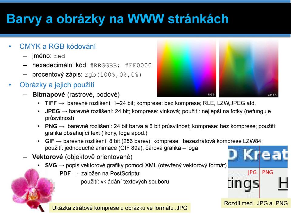 JPEG barevné rozlišení: 24 bit; komprese: vlnková; použití: nejlepší na fotky (nefunguje průsvitnost) PNG barevné rozlišení: 24 bit barva a 8 bit průsvitnost; komprese: bez komprese; použití: grafika