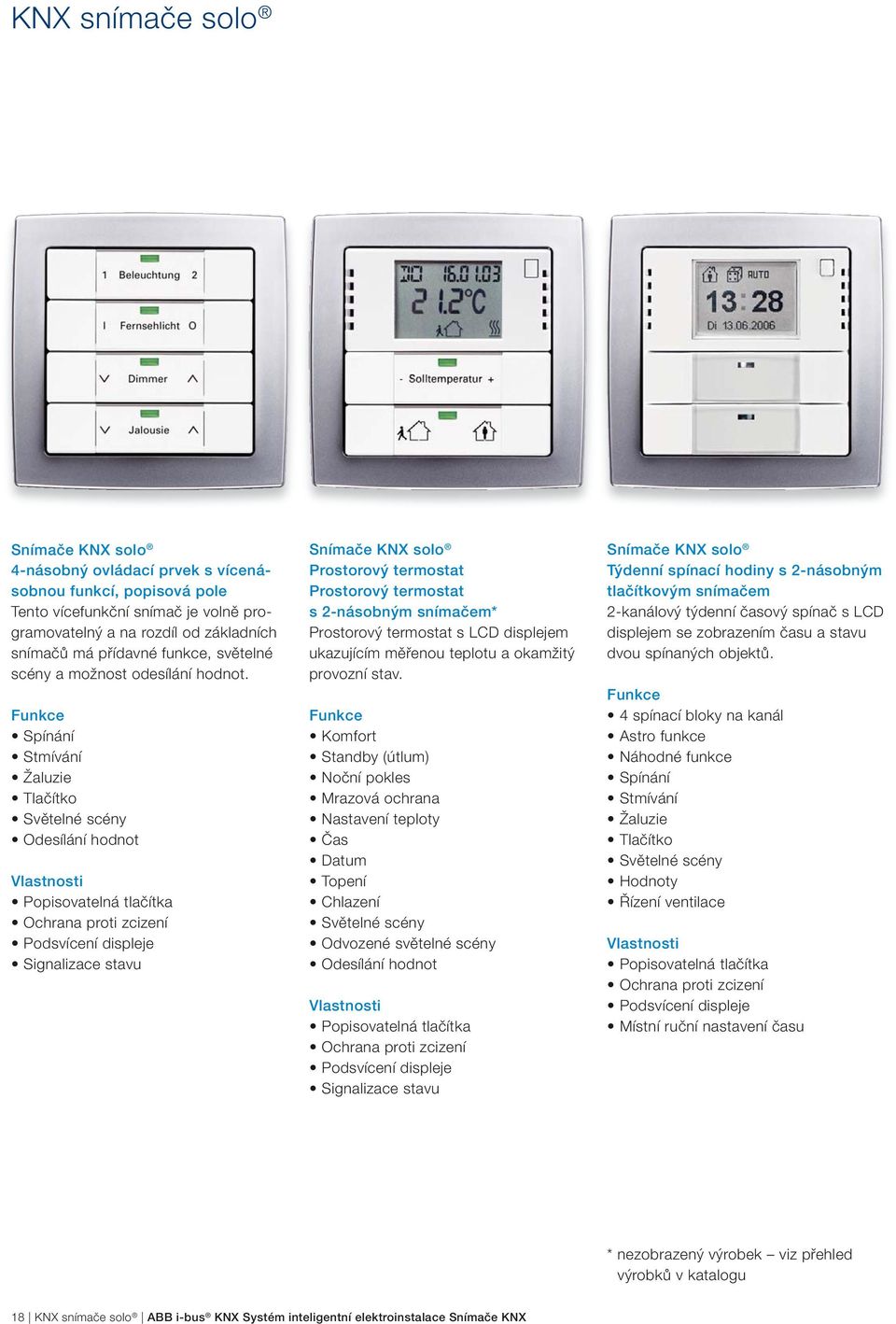 Tlačítko Odesílání hodnot Popisovatelná tlačítka Podsvícení displeje Snímače KNX solo Prostorový termostat Prostorový termostat s 2-násobným snímačem* Prostorový termostat s LCD displejem ukazujícím