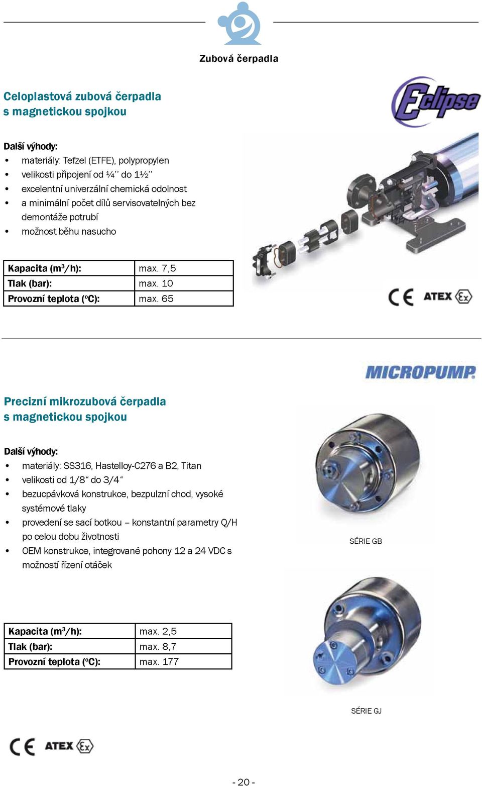 65 Precizní mikrozubová čerpadla s magnetickou spojkou materiály: SS316, Hastelloy-C276 a B2, Titan velikosti od 1/8 do 3/4 bezucpávková konstrukce, bezpulzní chod, vysoké systémové tlaky