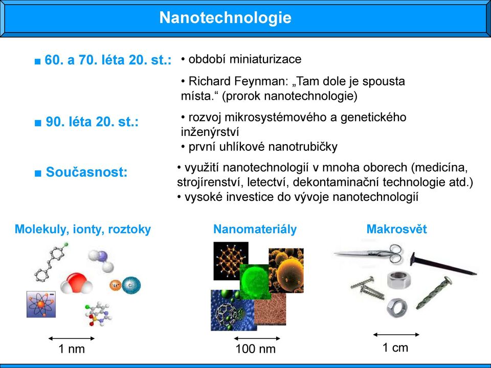 nanotechnologií v mnoha oborech (medicína, strojírenství, letectví, dekontaminační technologie atd.