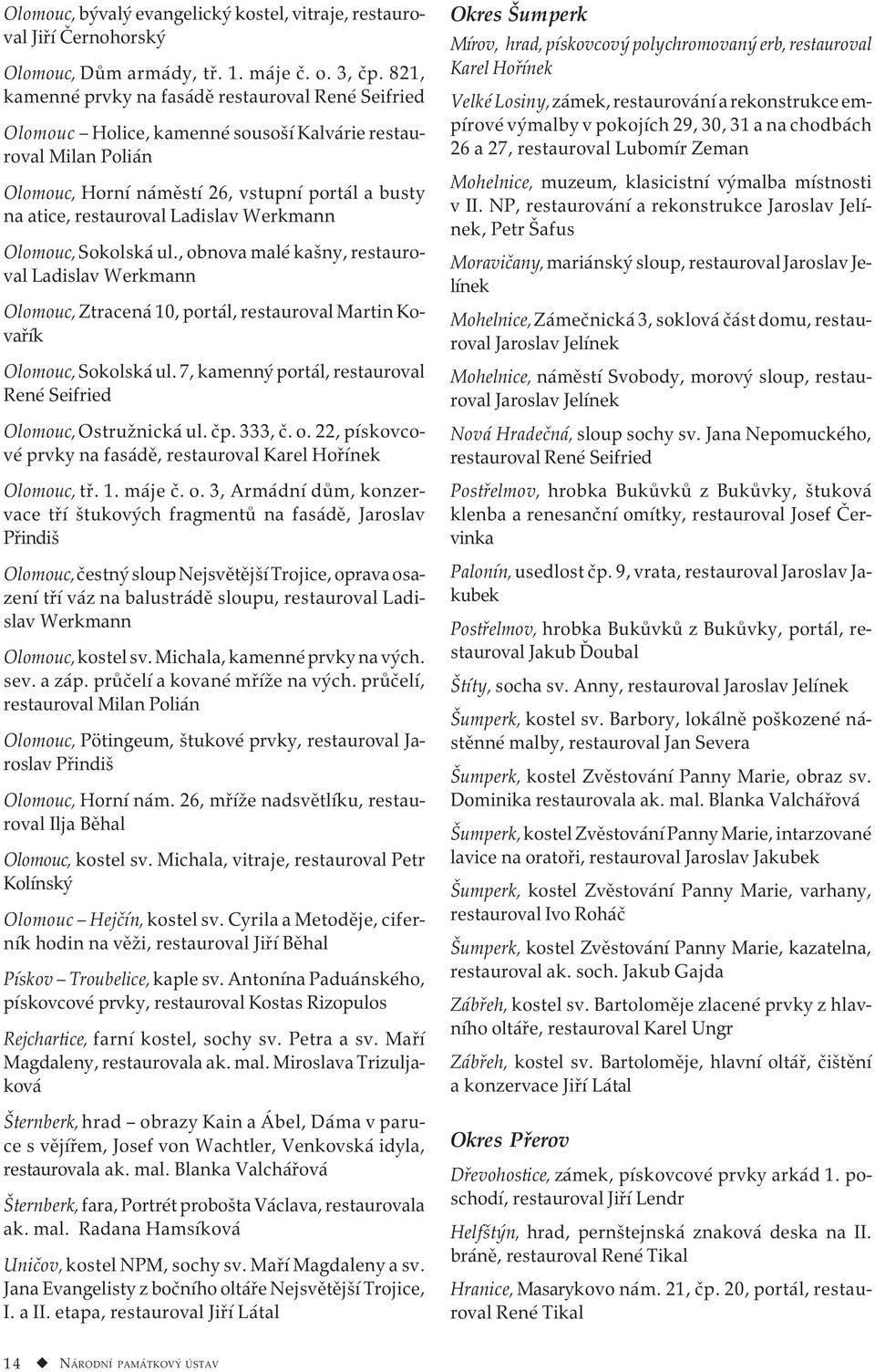 Ladislav Werkmann Olomouc, Sokolská ul., obnova malé kašny, restauroval Ladislav Werkmann Olomouc, Ztracená 10, portál, restauroval Martin Kovařík Olomouc, Sokolská ul.