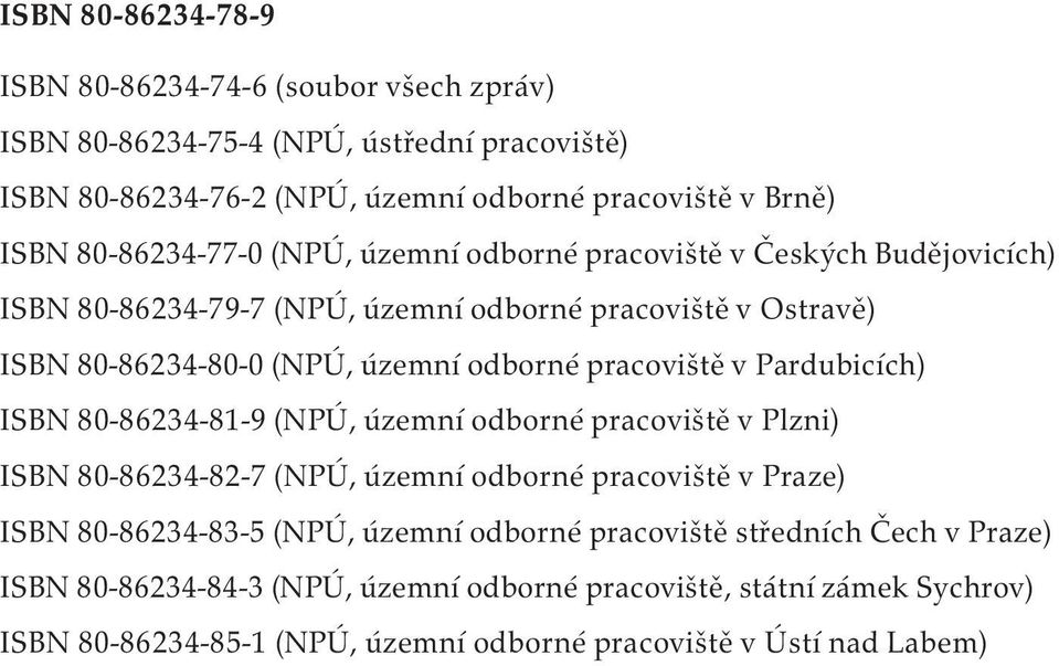 Pardubicích) ISBN 80-86234-81-9 (NPÚ, územní odborné pracoviště v Plzni) ISBN 80-86234-82-7 (NPÚ, územní odborné pracoviště v Praze) ISBN 80-86234-83-5 (NPÚ, územní odborné