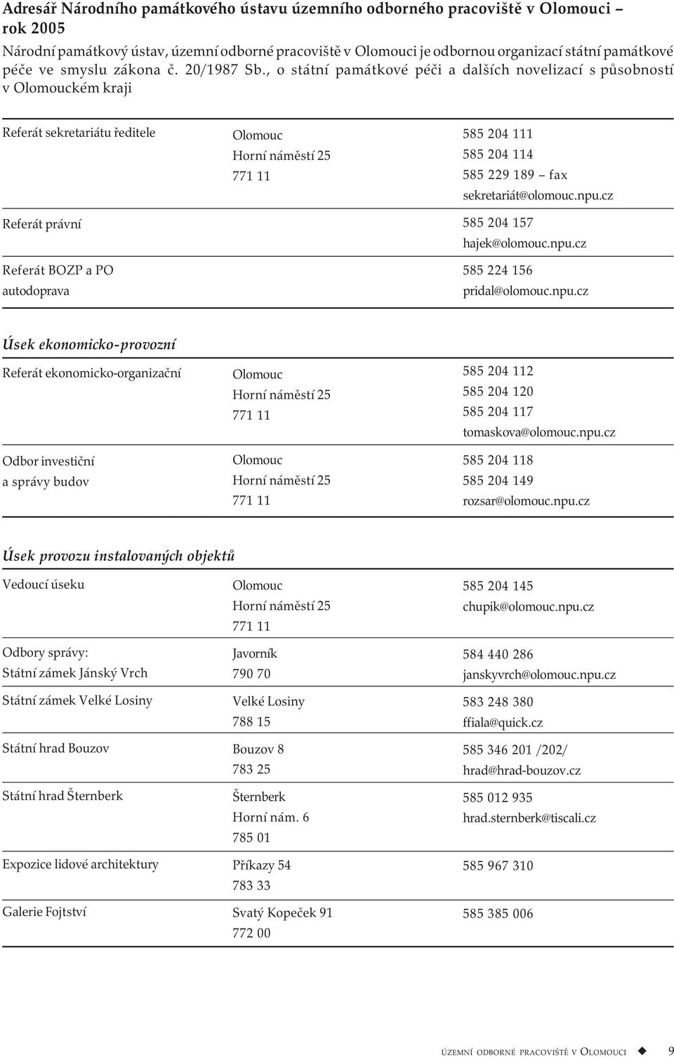 , o státní památkové péči a dalších novelizací s působností v Olomouckém kraji Referát sekretariátu ředitele Referát právní Referát BOZP a PO autodoprava Olomouc Horní náměstí 25 771 11 585 204 111