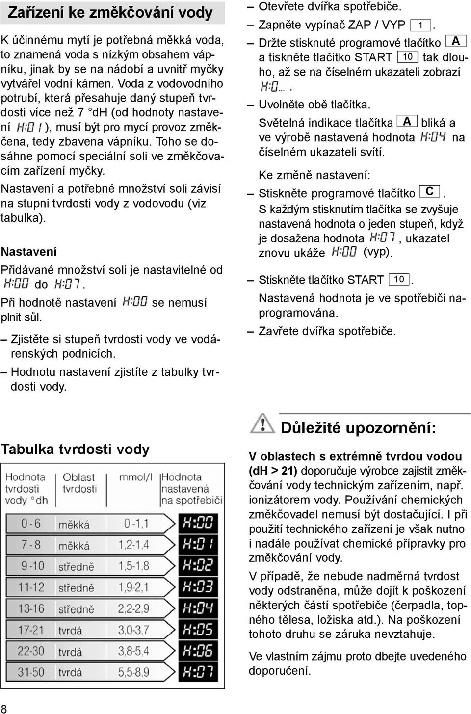 Toho se dosáhne pomocí speciální soli ve změkčovacím zařízení myčky. Nastavení a potřebné množství soli závisí na stupni tvrdosti vody z vodovodu (viz tabulka).