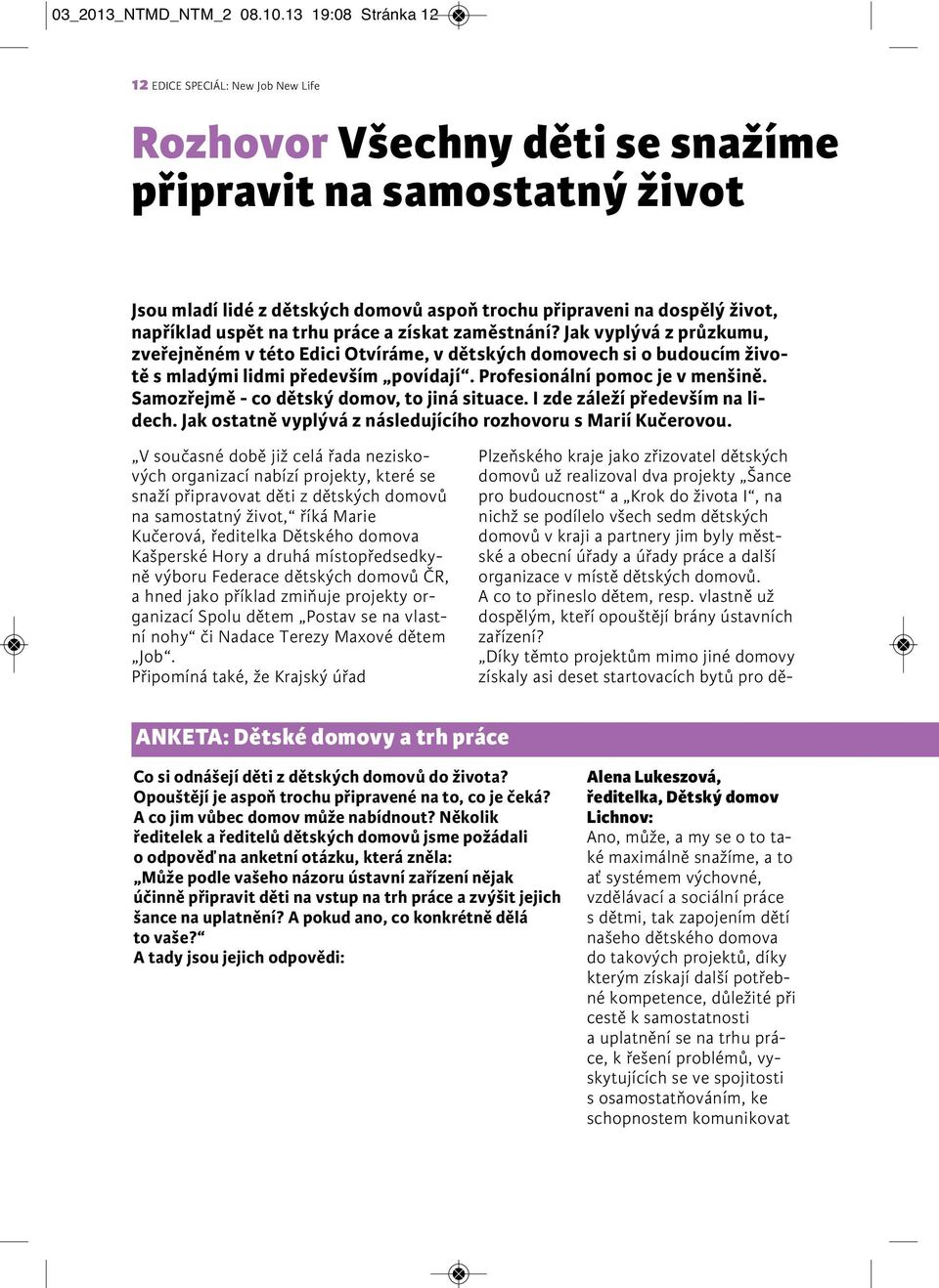 například uspět na trhu práce a získat zaměstnání? Jak vyplývá z průzkumu, zveřejněném v této Edici Otvíráme, v dětských domovech si o budoucím životě s mladými lidmi především povídají.