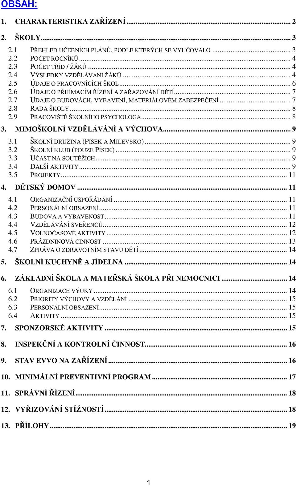 MIMOŠKOLNÍ VZDĚLÁVÁNÍ A VÝCHOVA... 9 3.1 ŠKOLNÍ DRUŽINA (PÍSEK A MILEVSKO)... 9 3.2 ŠKOLNÍ KLUB (POUZE PÍSEK)... 9 3.3 ÚČAST NA SOUTĚŽÍCH... 9 3.4 DALŠÍ AKTIVITY... 9 3.5 PROJEKTY... 11 4.