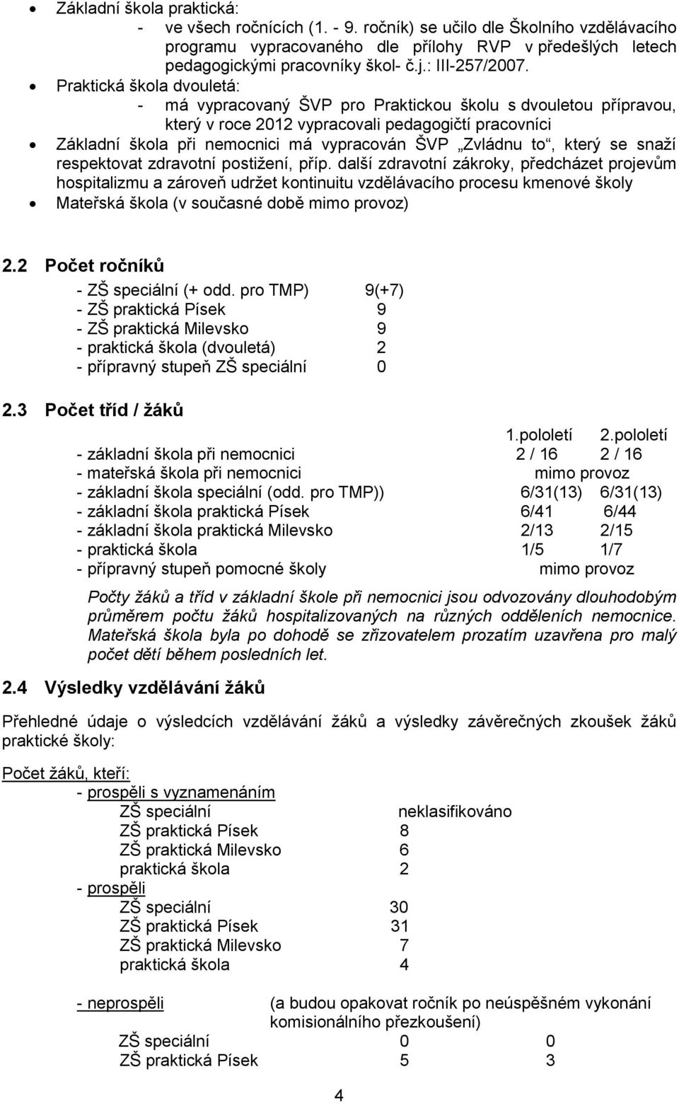 Praktická škola dvouletá: - má vypracovaný ŠVP pro Praktickou školu s dvouletou přípravou, který v roce 2012 vypracovali pedagogičtí pracovníci Základní škola při nemocnici má vypracován ŠVP Zvládnu