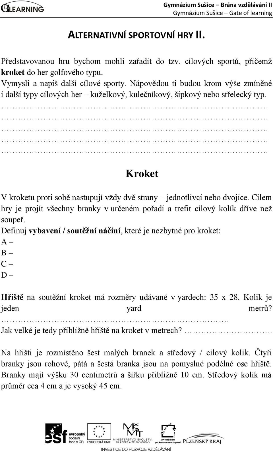 Kroket V kroketu proti sobě nastupují vždy dvě strany jednotlivci nebo dvojice. Cílem hry je projít všechny branky v určeném pořadí a trefit cílový kolík dříve než soupeř.