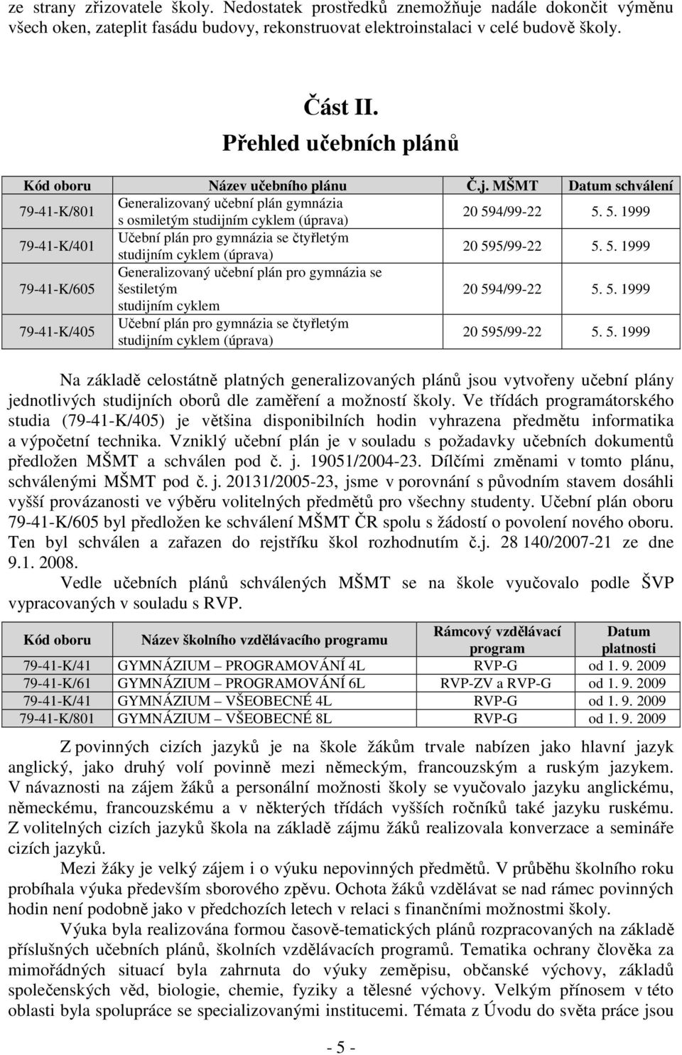 4/99-22 5. 5. 1999 79-41-K/401 Učební plán pro gymnázia se čtyřletým studijním cyklem (úprava) 20 595/99-22 5. 5. 1999 79-41-K/605 Generalizovaný učební plán pro gymnázia se šestiletým 20 594/99-22 5.