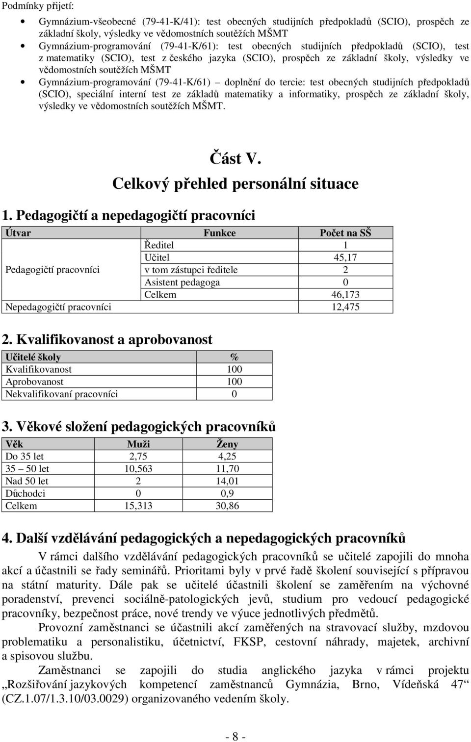 Gymnázium-programování (79-41-K/61) doplnění do tercie: test obecných studijních předpokladů (SCIO), speciální interní test ze základů matematiky a informatiky, prospěch ze základní školy, výsledky