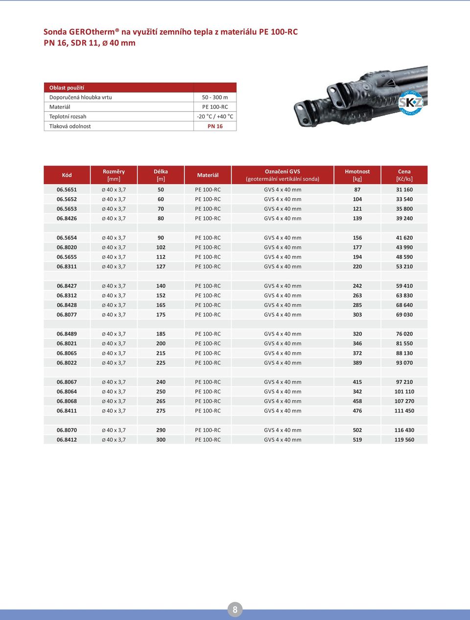 5652 Ø 40 x 3,7 60 PE 100 RC GVS 4 x 40 mm 104 33 540 06.5653 Ø 40 x 3,7 70 PE 100 RC GVS 4 x 40 mm 121 35 800 06.8426 Ø 40 x 3,7 80 PE 100 RC GVS 4 x 40 mm 139 39 240 06.