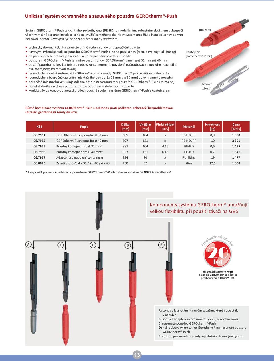 technicky dokonalý design zaručuje přímé vedení sondy při zapouštění do vrtu kovovými tyčemi se tlačí na pouzdro GEROtherm Push a ne na patu sondy (max.