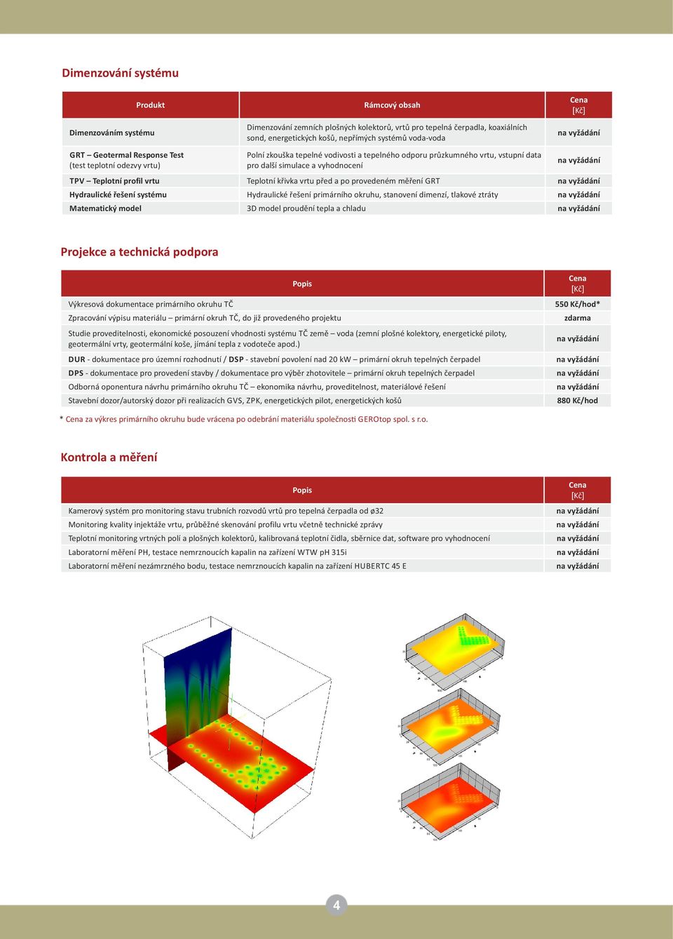 TPV Teplotní profil vrtu Teplotní křivka vrtu před a po provedeném měření GRT na vyžádání Hydraulické řešení systému Hydraulické řešení primárního okruhu, stanovení dimenzí, tlakové ztráty na