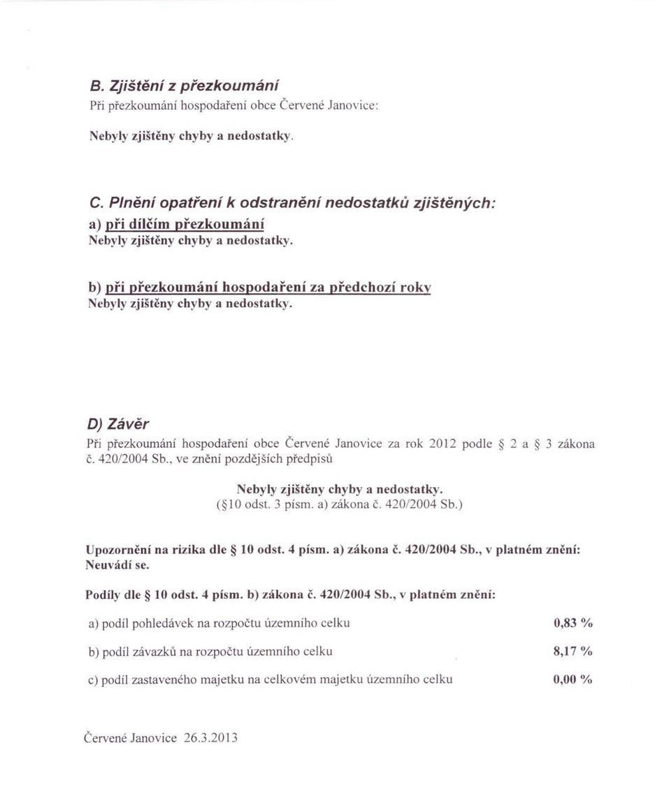 DJZávěr Při přezkoumání hospodaření obce Červené Janovice za rok 2012 podle 2 a 3 zákona č. 420/2004 Sb., ve znění pozdějších předpisů Nebyly zjištěny chyby a nedostatky. ( 10 odst.