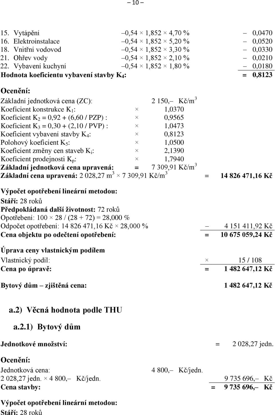 0,92 + (6,60 / PZP) : 0,9565 Koeficient K 3 = 0,30 + (2,10 / PVP) : 1,0473 Koeficient vybavení stavby K 4 : 0,8123 Polohový koeficient K 5 : 1,0500 Koeficient změny cen staveb K i : 2,1390 Koeficient