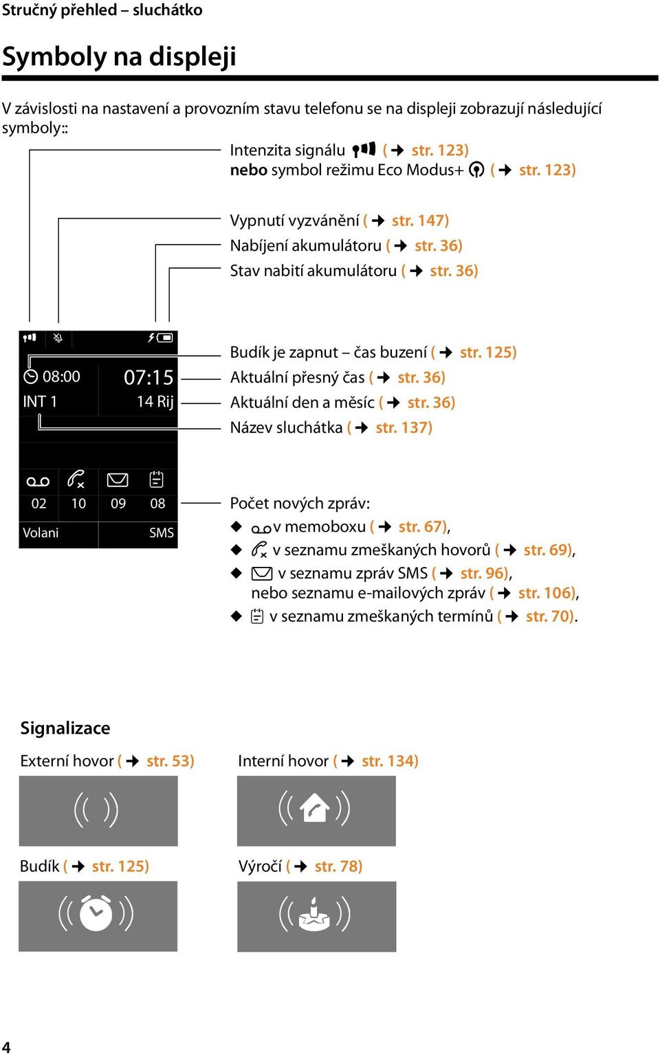 36) i ó V Û 08:00 07:15 INT 1 14 Rij Budík je zapnut čas buzení ( str. 125) Aktuální přesný čas ( str. 36) Aktuální den a měsíc ( str. 36) Název sluchátka ( str.