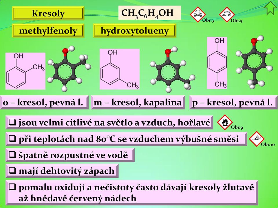 jsou velmi citlivé na světlo a vzduch, hořlavé při teplotách nad 80 C se vzduchem výbušné