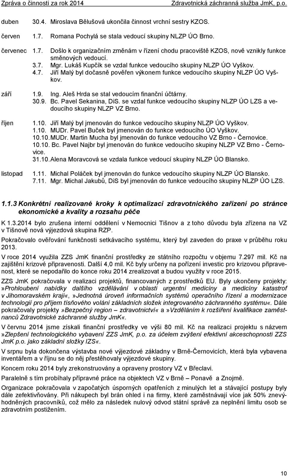 Aleš Hrda se stal vedoucím finanční účtárny. 30.9. Bc. Pavel Sekanina, DiS. se vzdal funkce vedoucího skupiny NLZP ÚO LZS a vedoucího skupiny NLZP VZ Brno. říjen listopad 1.10.