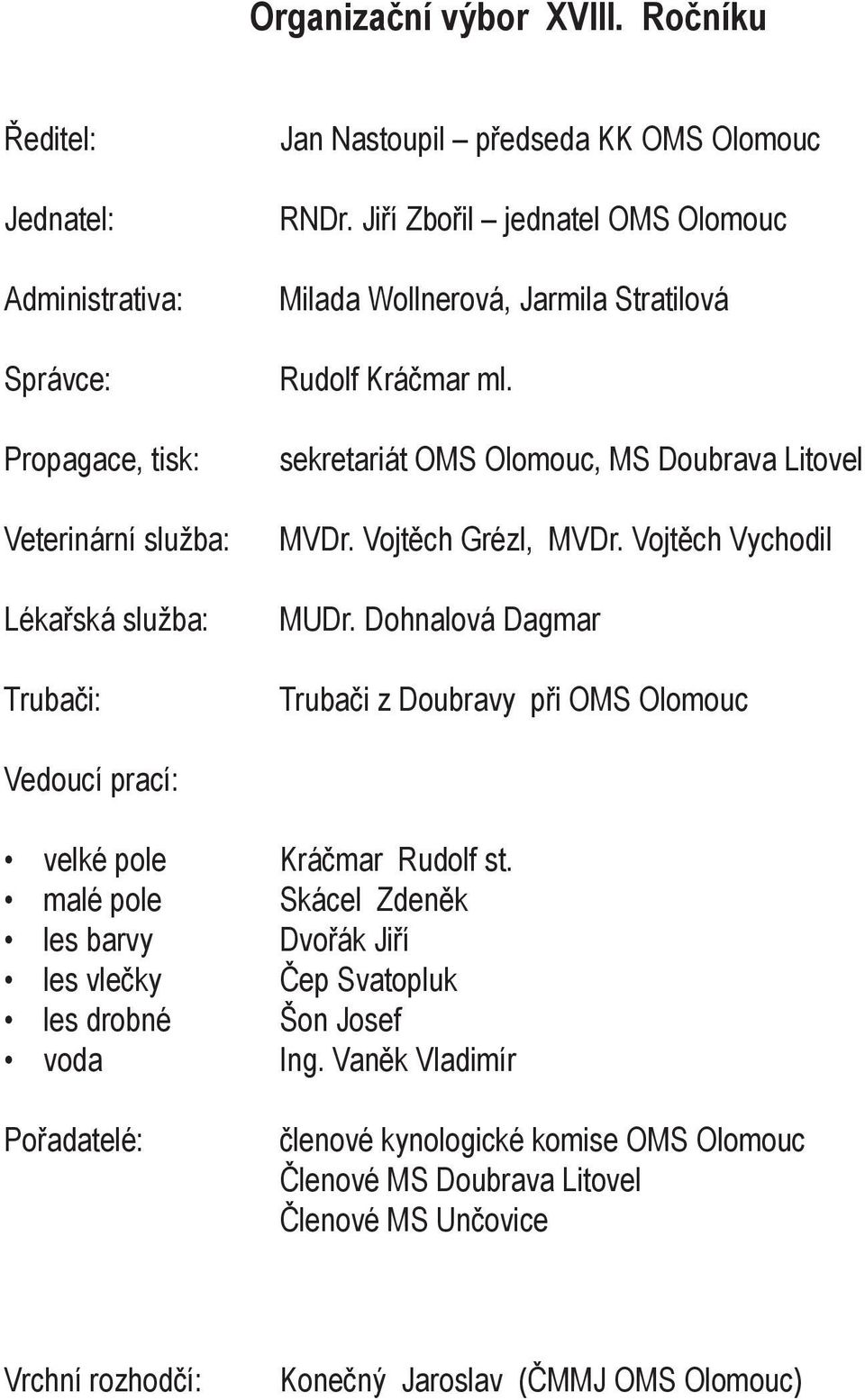 Dohnalová Dagmar Trubači z Doubravy při OMS Olomouc Vedoucí prací: velké pole malé pole les barvy les vlečky les drobné voda Kráčmar Rudolf st.