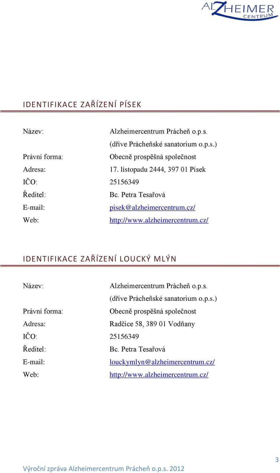 cz/ Web: http://www.alzheimercentrum.cz/ IDENTIFIKACE ZAŘÍZENÍ LOUCKÝ MLÝN Název: Alzheimercentrum Prácheň o.p.s.