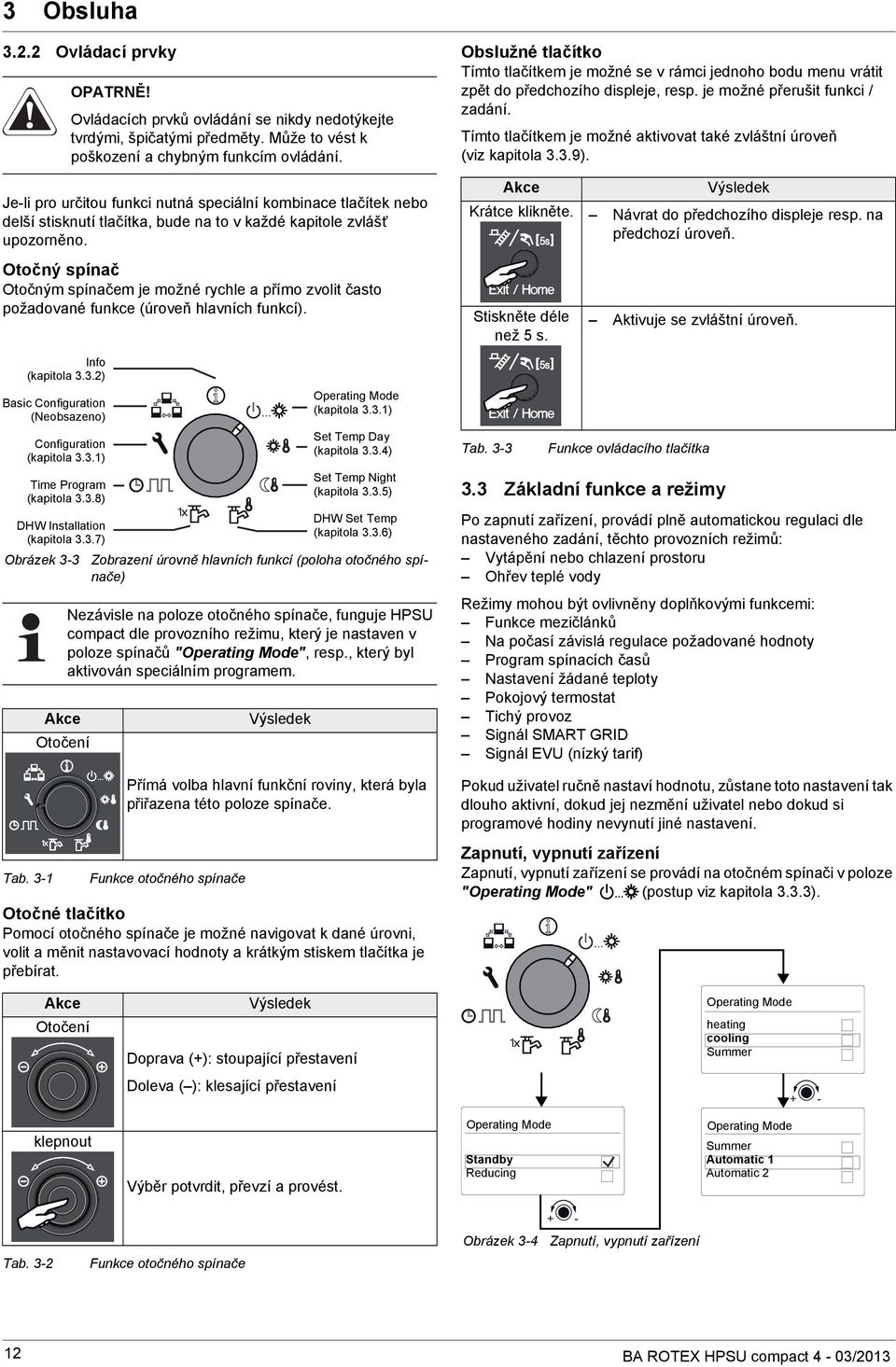 3.8) DHW Installation (kapitola 3.3.7) Obrázek 3-3 Tab. 3-1 Akce Otočení OPATRNĚ! Ovládacích prvků ovládání se nikdy nedotýkejte tvrdými, špičatými předměty.