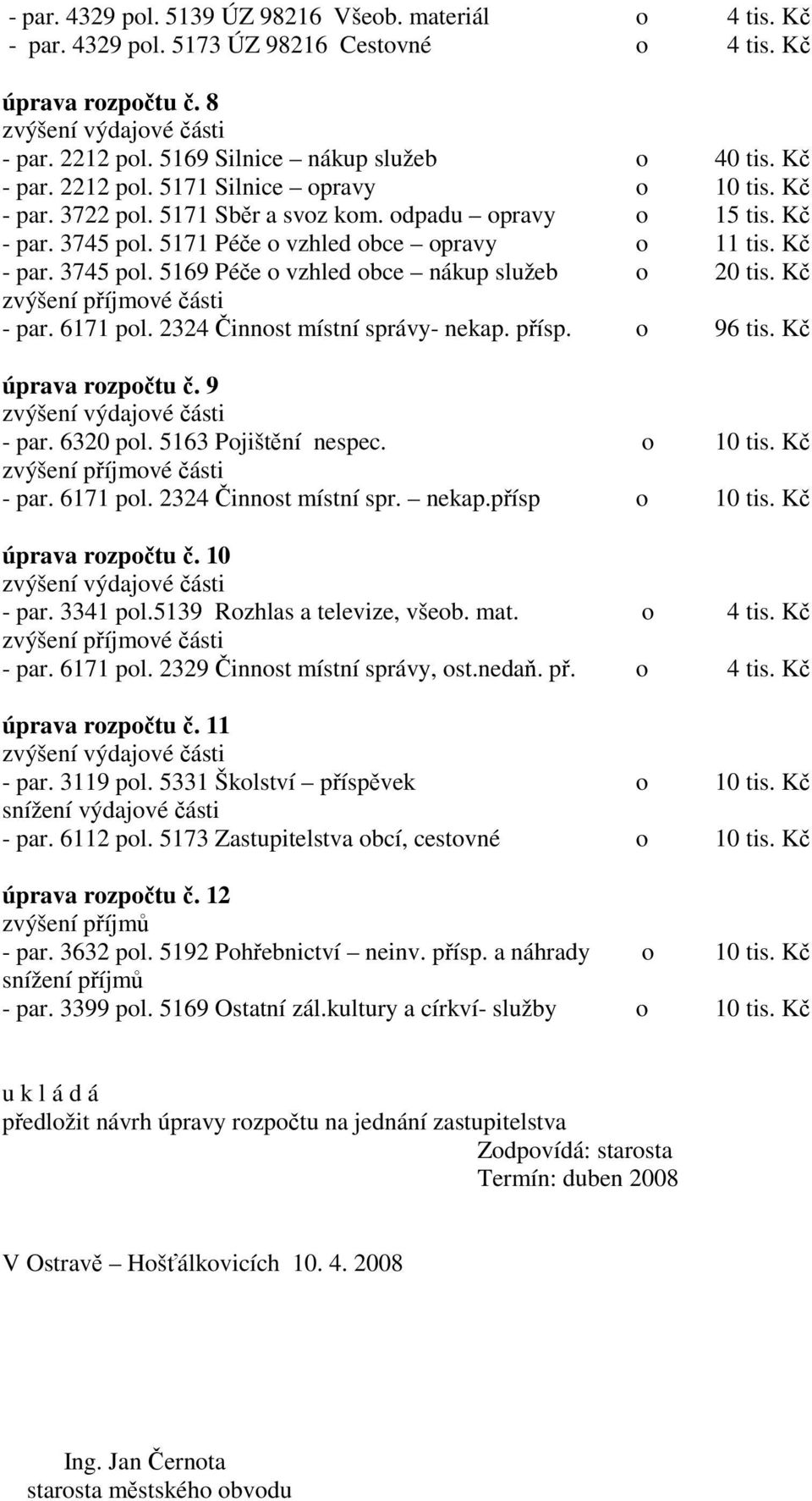 5171 Péče o vzhled obce opravy o 11 tis. Kč - par. 3745 pol. 5169 Péče o vzhled obce nákup služeb o 20 tis. Kč zvýšení příjmové části - par. 6171 pol. 2324 Činnost místní správy- nekap. přísp.