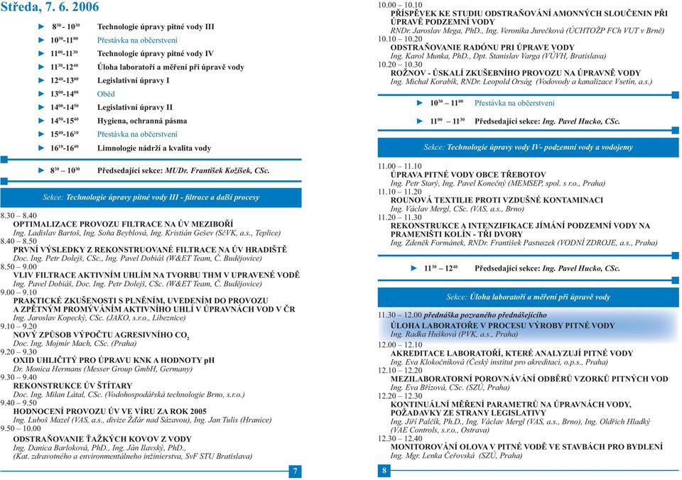 Legislativní úpravy I 13 00-14 00 Oběd 14 00-14 50 Legislativní úpravy II 14 50-15 40 Hygiena, ochranná pásma 15 40-16 10 Přestávka na občerstvení 16 10-16 40 Limnologie nádrží a kvalita vody 10.