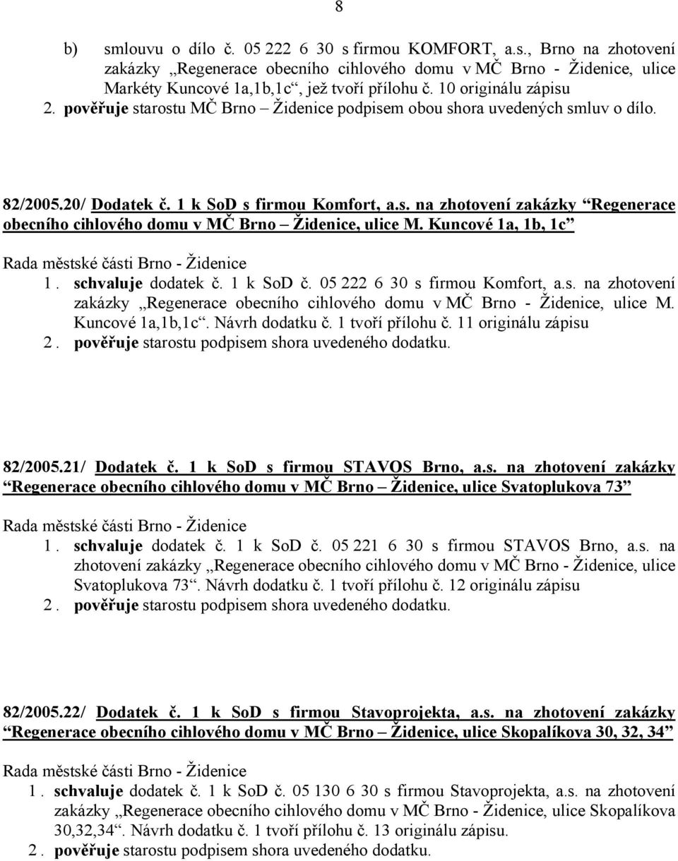 Kuncové 1a, 1b, 1c 1. schvaluje dodatek č. 1 k SoD č. 05 222 6 30 s firmou Komfort, a.s. na zhotovení zakázky Regenerace obecního cihlového domu v MČ Brno - Židenice, ulice M. Kuncové 1a,1b,1c.