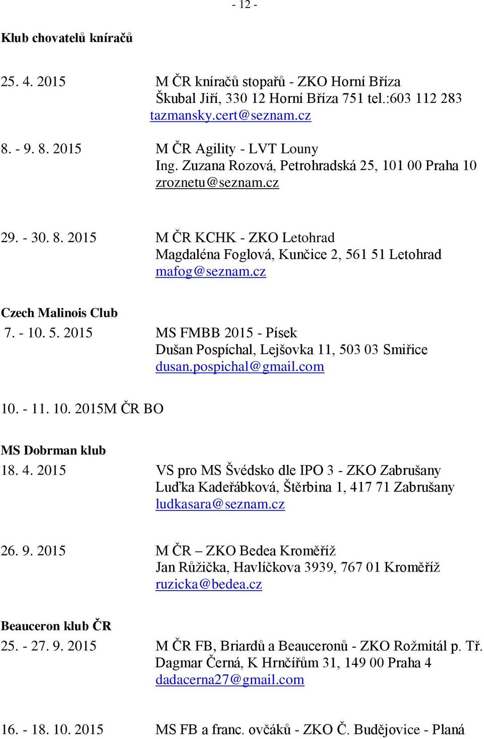 5. 2015 MS FMBB 2015 - Písek Dušan Pospíchal, Lejšovka 11, 503 03 Smiřice dusan.pospichal@gmail.com 10. - 11. 10. 2015 M ČR BO MS Dobrman klub 18. 4.