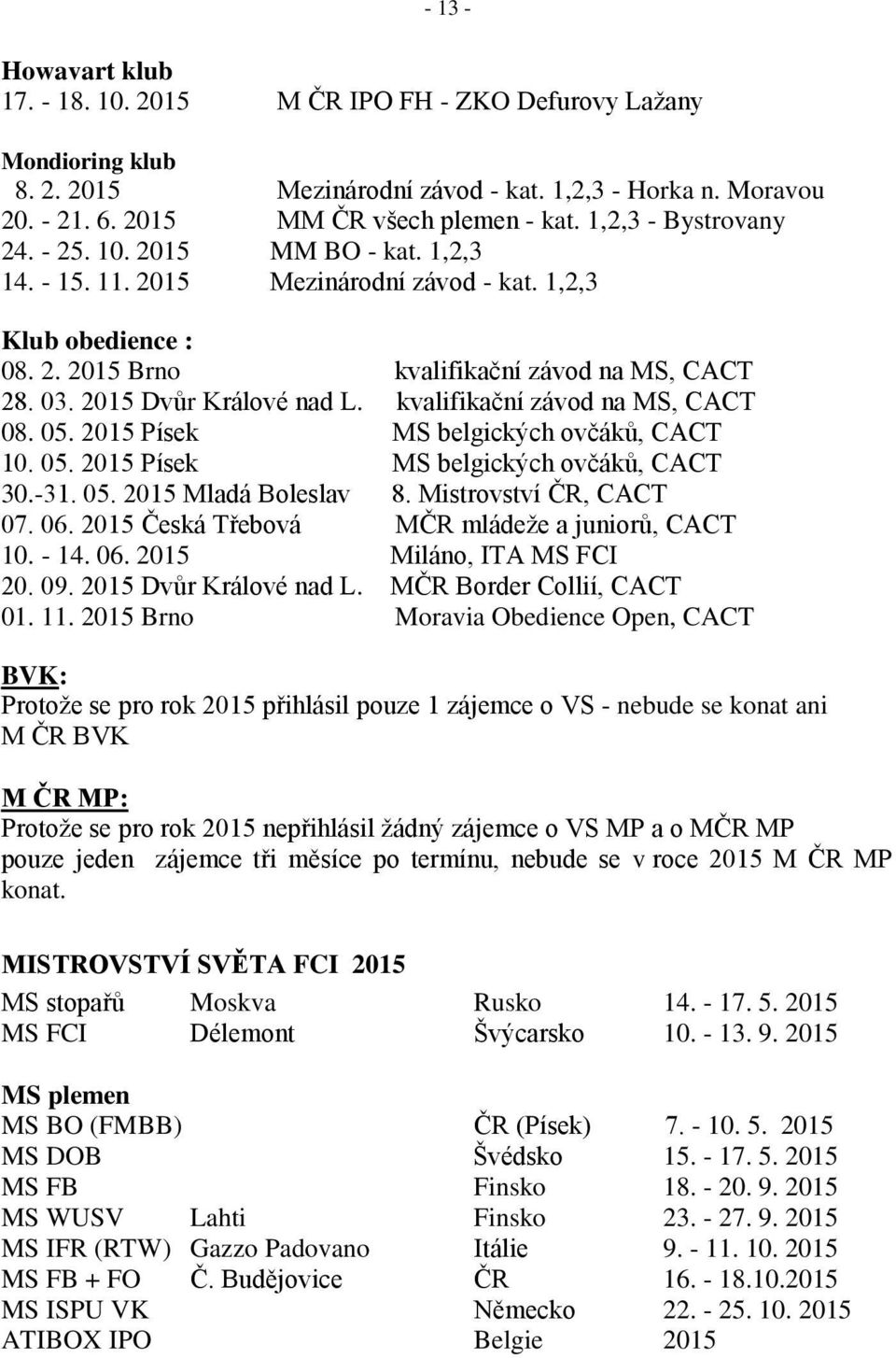 2015 Dvůr Králové nad L. kvalifikační závod na MS, CACT 08. 05. 2015 Písek MS belgických ovčáků, CACT 10. 05. 2015 Písek MS belgických ovčáků, CACT 30.-31. 05. 2015 Mladá Boleslav 8.