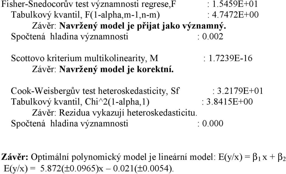 002 Scottovo kriterium multikolinearity, M Závěr: Navržený model je korektní. : 1.7239E-16 Cook-Weisbergův test heteroskedasticity, Sf : 3.