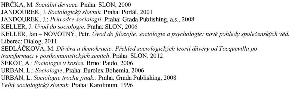 Důvěra a demokracie: Přehled sociologických teorií důvěry od Tocquevilla po transformaci v postkomunistických zemích. Praha: SLON, 2012 SEKOT, A.: Sociologie v kostce.