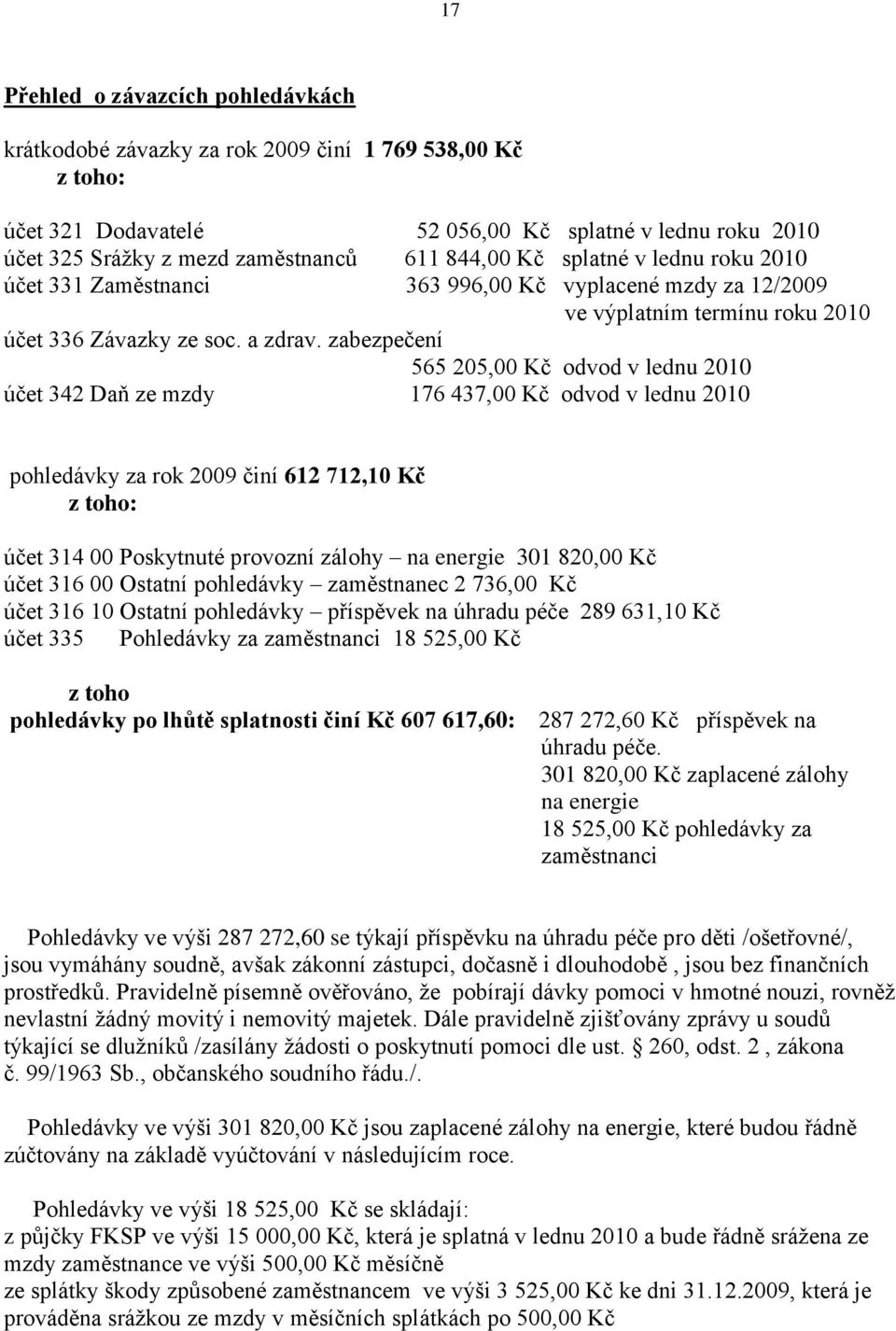 zabezpečení 565 205,00 Kč odvod v lednu 2010 účet 342 Daň ze mzdy 176 437,00 Kč odvod v lednu 2010 pohledávky za rok 2009 činí 612 712,10 Kč z toho: účet 314 00 Poskytnuté provozní zálohy na energie