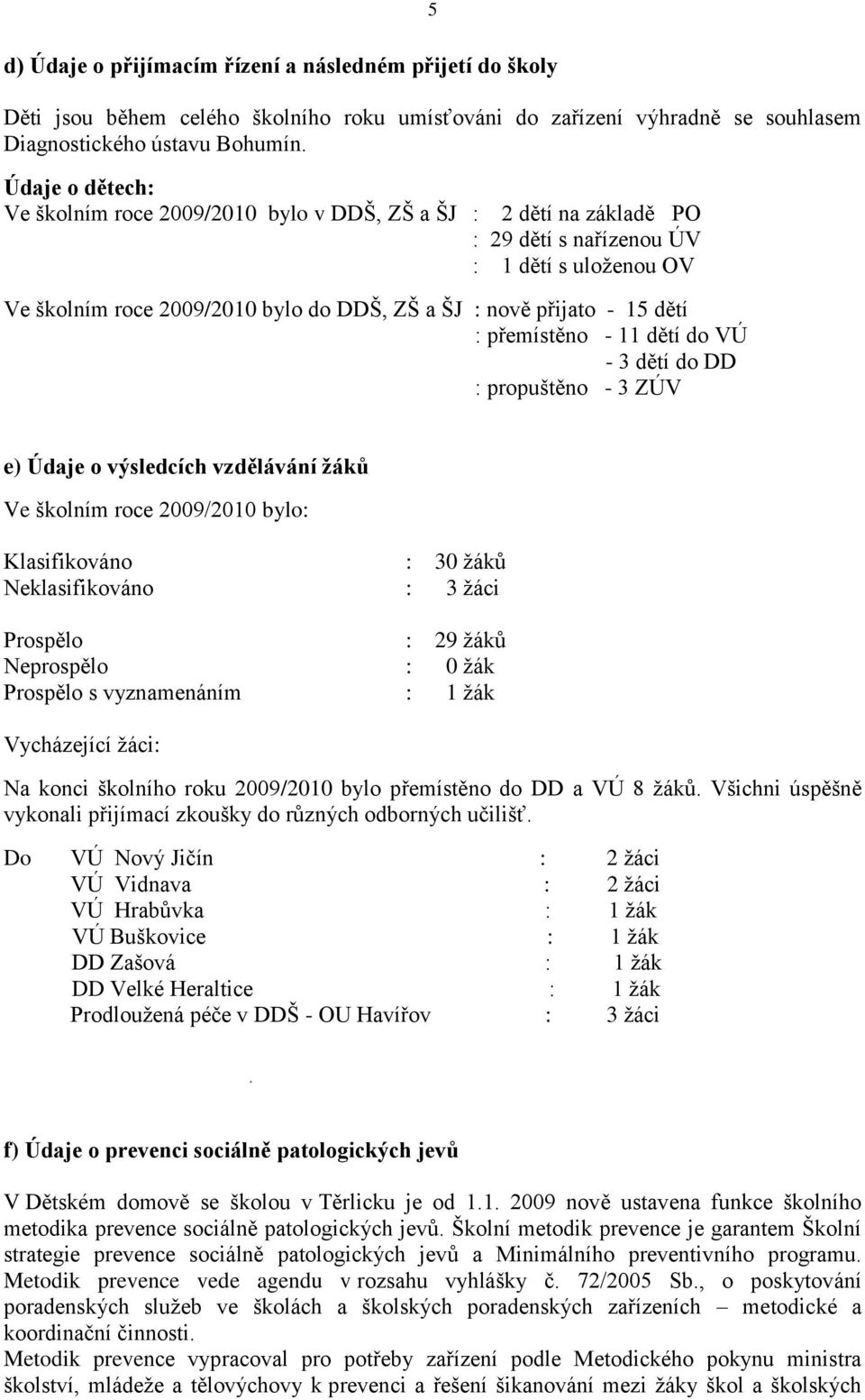 dětí : přemístěno - 11 dětí do VÚ - 3 dětí do DD : propuštěno - 3 ZÚV e) Údaje o výsledcích vzdělávání žáků Ve školním roce 2009/2010 bylo: Klasifikováno : 30 žáků Neklasifikováno : 3 žáci Prospělo :