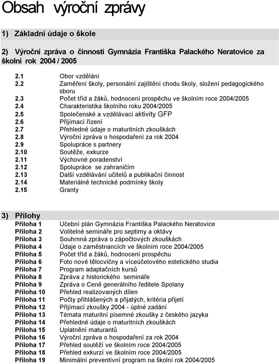 5 Společenské a vzdělávací aktivity GFP 2.6 Přijímací řízení 2.7 Přehledné údaje o maturitních zkouškách 2.8 Výroční zpráva o hospodaření za rok 2004 2.9 Spolupráce s partnery 2.10 Soutěže, exkurze 2.