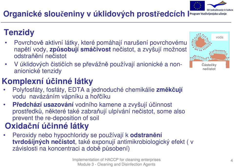 navázáním vápníku a hořčíku Předchází usazování vodního kamene a zvyšují účinnost prostředků, některé také zabraňují ulpívání nečistot, some also prevent the re-deposition of soil Oxidační